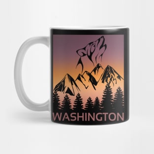 Washington Sunset Wolf Howling at The Moon Trees and Mountains T-Shirt Mug